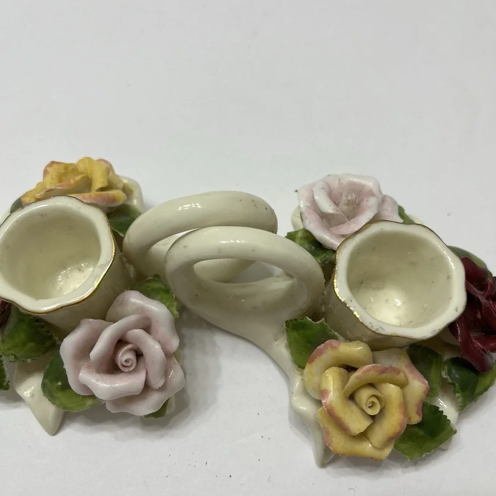 Vintage Porcelain Taper Candle Holders Finger Loop White 3D Hand Painted Roses 2
